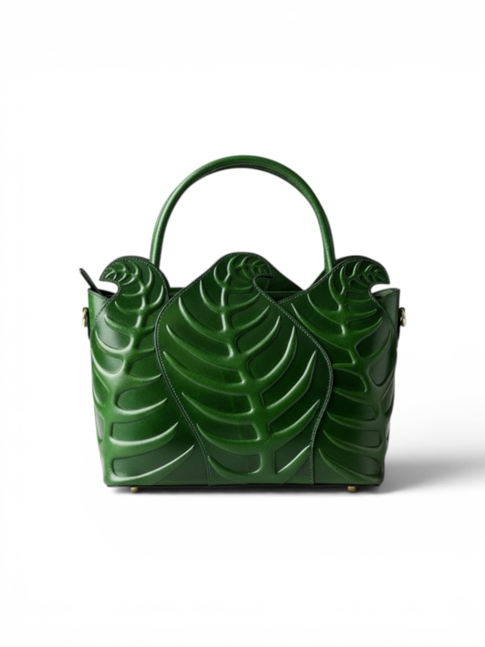 PIJUSHI Monstera Leaf Embossed Leather Top Handle Tote - Forest Green
